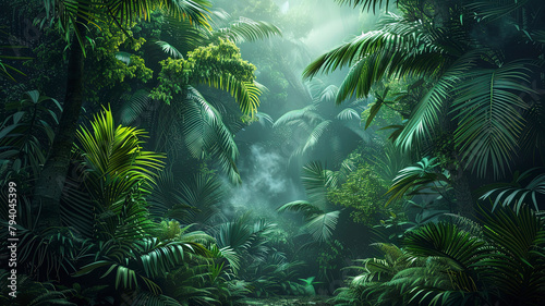 panoramic view of the tropical jungle, tropical forest scenery, tropical green landscape