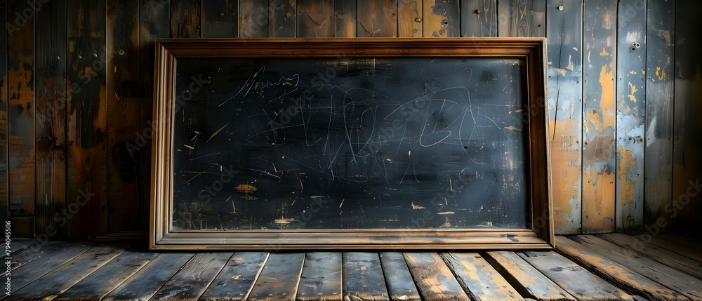 Old blackboard on grungy wall in dim classroom setting. Concept Vintage Aesthetic, Classroom Decor, Chalkboard Art, Grungy Background, Dim Lighting