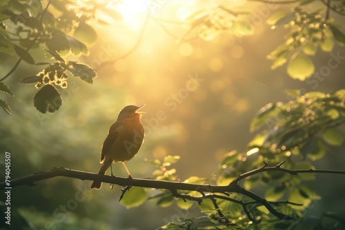A small bird relaxing on a branch full of flowers. seamless looping time-lapse virtual 4k video Animation Background.. Beautiful simple AI generated image in 4K, unique.