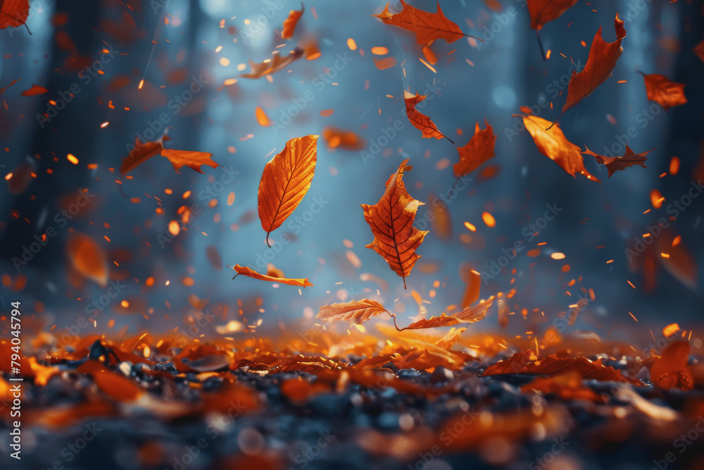 Vibrant autumn leaves falling gently to the ground in a peaceful forest setting, close-up Vibrant autumn leaves falling gently to the ground in a peaceful forest setting, close-up