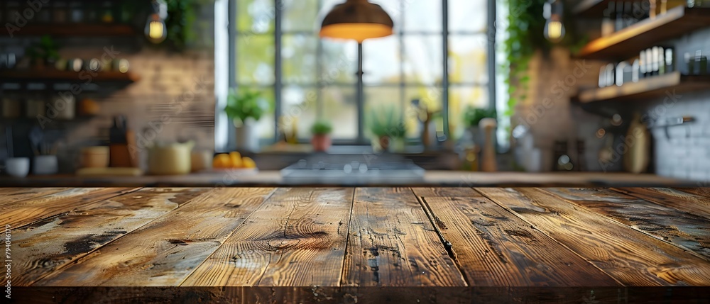 Kitchen background with wooden table for product display or design, slightly blurred. Concept Kitchen Setup, Wooden Table, Product Display, Design Background, Blurred Effect Kitchen background with wooden table for product display or design, slightly blurred. Concept Kitchen Setup, Wooden Table, Product Display, Design Background, Blurred Effect