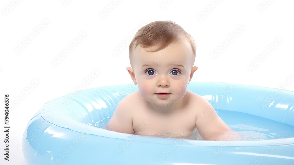 infant swimming alone in an inflatable pool against a stark white background infant swimming alone in an inflatable pool against a stark white background