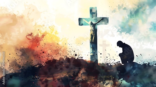 Praying Man at Cross: Jesus Silhouette, Digital Watercolor Painting, Christian Spiritual Artwork