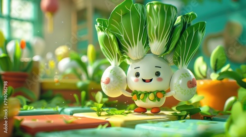 Bok Choy and Eggs Cartoon Character Frolicking in a Vibrant Whimsical Garden A Storybooklike photo