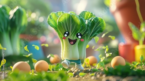 Bok Choy and Eggs Cartoon Character Hopping Around a Vibrant Whimsical Garden A Charming Storybooklike photo