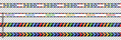Set of seamless bright colorful realistic ribbons with rainbow and text - Pride Month, Pride Day. Collection of endless barricade tapes, stripes for LGBTQ+ community isolated on transparent background photo