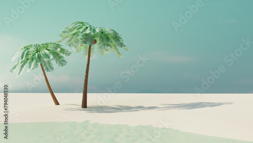 Empty summer tropical beach with coconut palms. Summer travel concept. 3d render. Front view