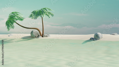 Empty summer tropical beach with coconut palms and stones. Summer travel concept. 3d render. Front view