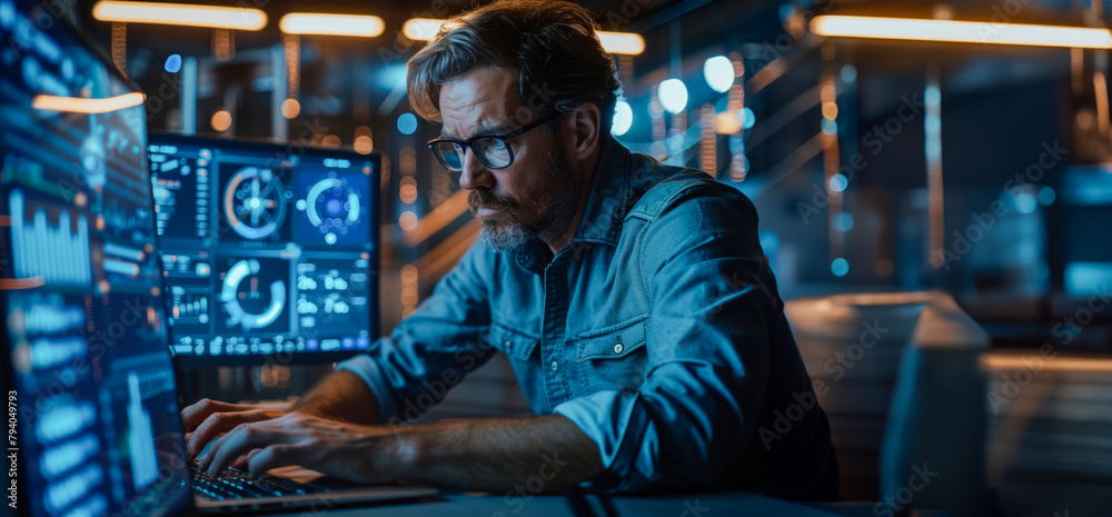 Man analyzing data on multiple computer screens Man analyzing data on multiple computer screens