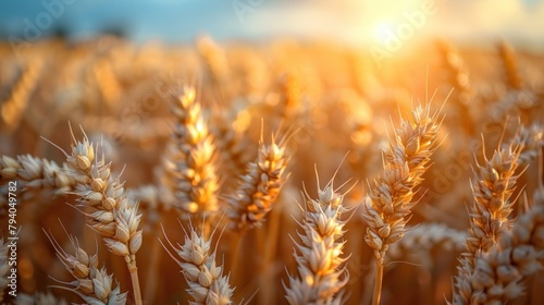 Beautiful Rural Scenery under Shining Sunlight and blue sky. Background of ripening ears of meadow wheat field.