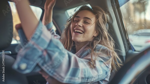 Women dancing to music in front seat photo