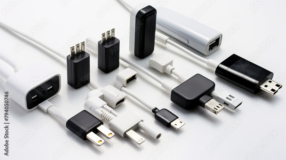 Separated chargers and adapters against a white backdrop Separated chargers and adapters against a white backdrop
