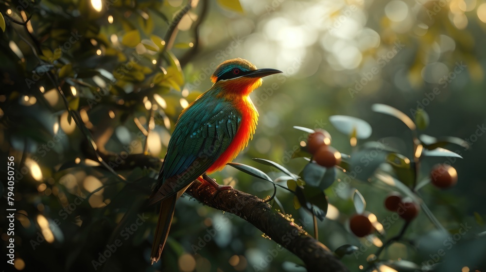 fascinated blue and orange bird perching on branches of wood on blured background. 3D illustration fascinated blue and orange bird perching on branches of wood on blured background. 3D illustration