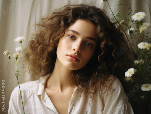 Serene portrait of a 20yearold woman with delicate flowers, featuring ample space around her for a peaceful, natural aesthetic photo