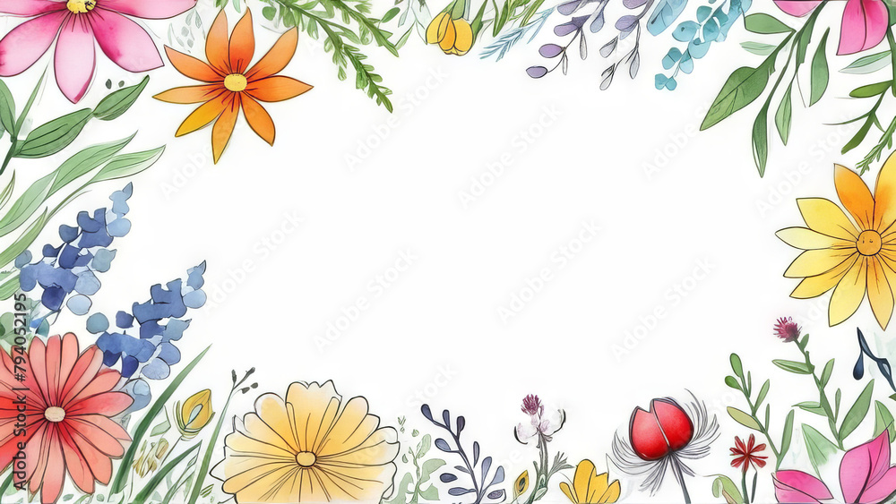 Elegant Watercolor floral border template. Vintage pastel leaves and flowers with copy space background