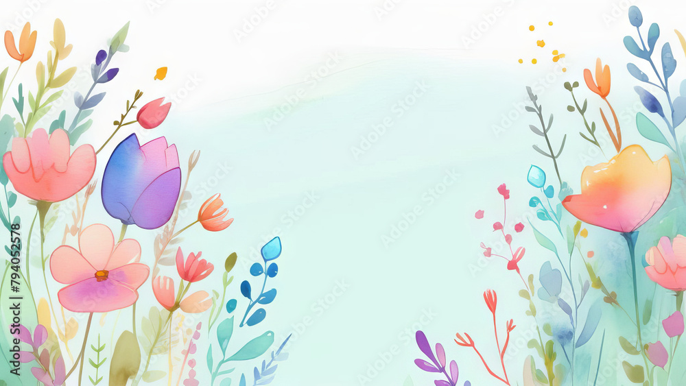 Elegant Watercolor floral border template. Vintage pastel leaves and flowers with copy space background