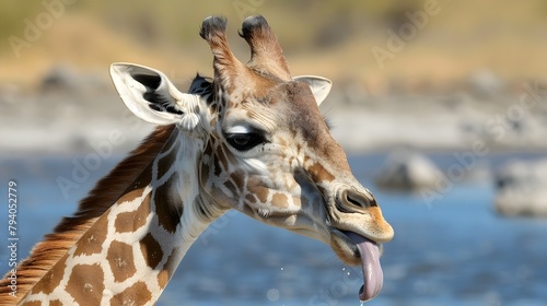 Giraffe Cleaning Its Ears with Tongue in Peaceful Natural Habitat