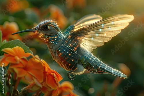 A robotic hummingbird with iridescent solar panel wings, hovering over a flower with integrated charging ports