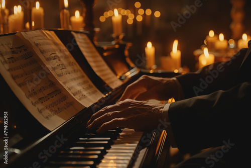 Close-up of a pair of hands playing a grand piano, sheet music in the background, a candlelit. photo