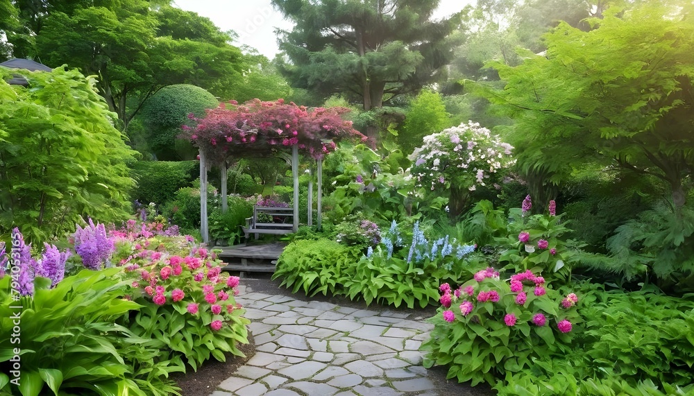 A tranquil garden scene with blooming flowers and upscaled 4