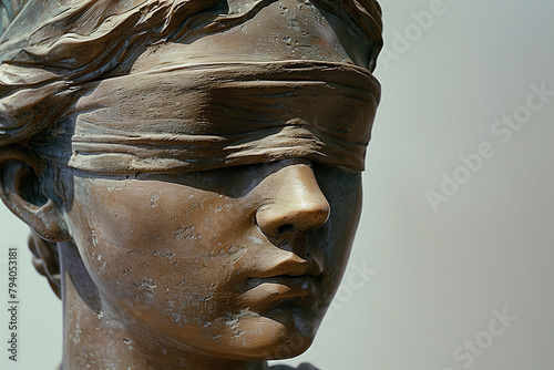 close-up capturing the symbolism of the Lady Justice statue's blindfold, emphasizing the impartiality and objectivity of justice, against a plain backdrop, highlighting its signifi photo