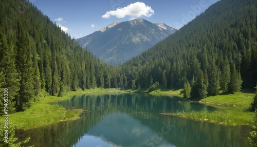 A tranquil mountain lake nestled in a forested val