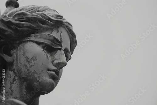 close-up of the Lady Justice statue's serene expression, conveying the solemnity and dignity of the legal system, against a plain background, evoking a sense of reverence and respe