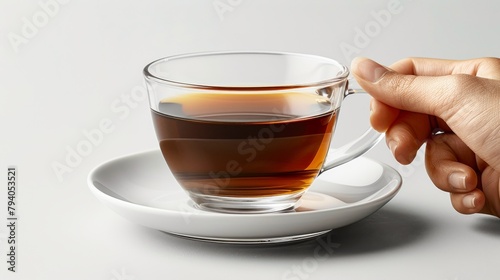 An Americano coffee is served in a transparent cup and saucer on a white background.