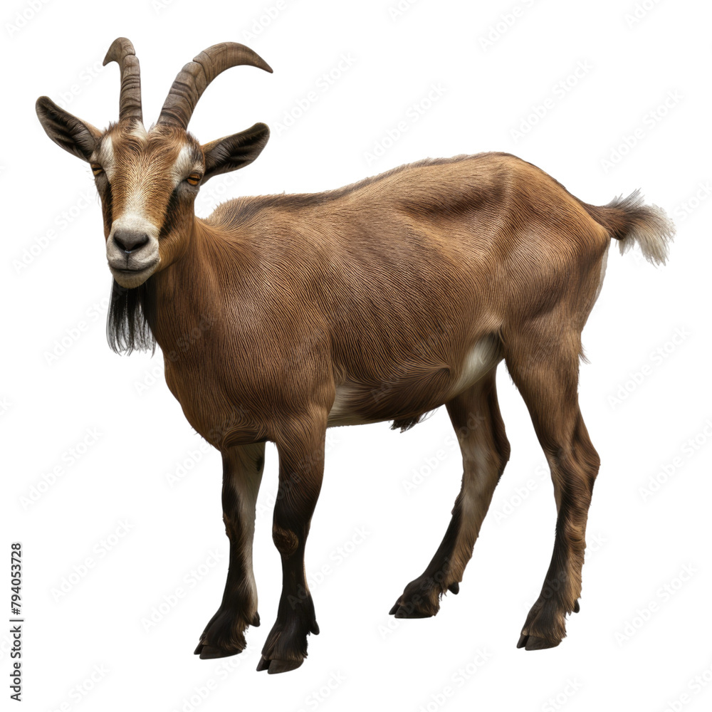 Adult brown goat with horns isolated on transparent background