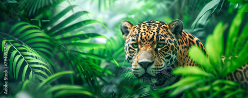 Closeup of a jaguar peeking out from behind a tree in the jungle. Wild animals concept.