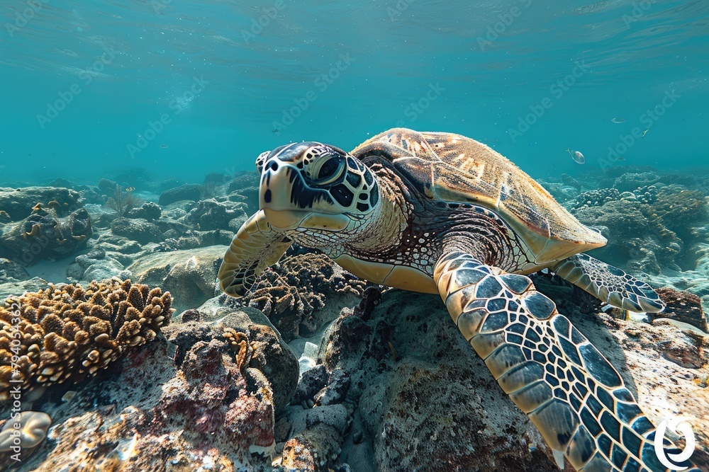 Fototapeta premium Educational robot designed as a sea turtle, showcasing marine life conservation through virtual reality underwater tours