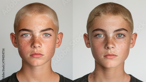 Isolated on a white background, a young bald man before and after cutting his hair.