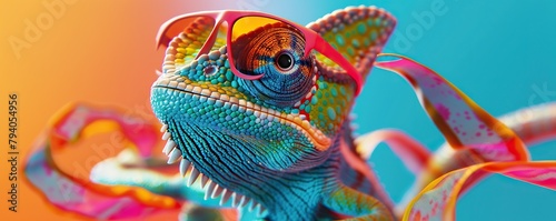 Stylish chameleon in shades. Background with light effects.