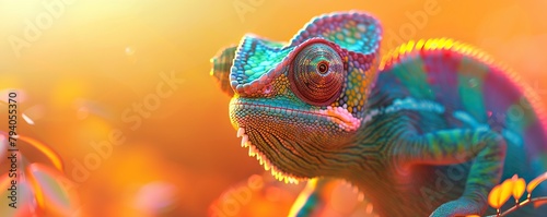 Curious chameleon in funky shades explores colorful world. © Siasart Studio