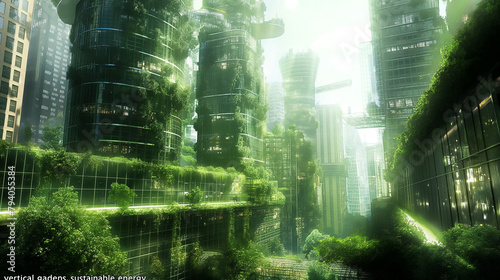 The image shows a futuristic city with tall buildings covered in plants and solar panels.  