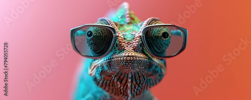 Chameleon in sunglasses. Nearly invisible on solid backdrop.