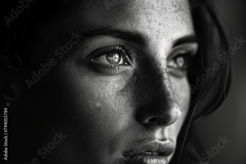 black and white close up portrait of a woman