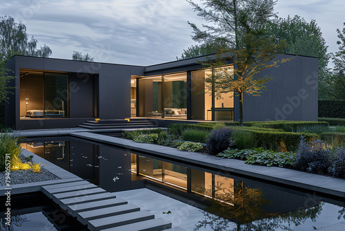 A sleek charcoal gray American house with modern landscaping, reflecting the early morning light. © Rehan Ashraf
