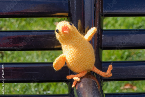 knitted Easter chicken on a bench in Titchfield Hampshire England