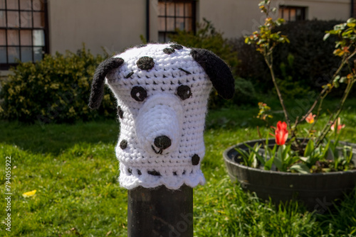 knitted dalmatian bollard topper in Titchfield Hampshire England