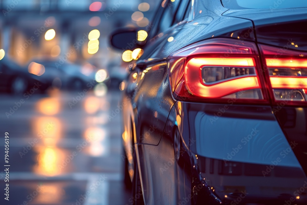 A dark car is parked in a parking lot with a wet road. The car glows with the rear brake light on, rear view close-up of the side of the car