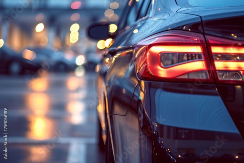 A dark car is parked in a parking lot with a wet road. The car glows with the rear brake light on, rear view close-up of the side of the car © Maria