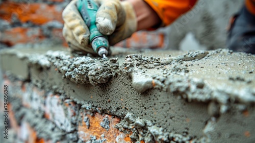 A dirty young construction worker holds a green drill perforator during repairs on a brick wall.