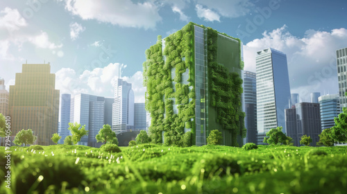 Eco-friendly skyscraper amidst a vibrant cityscape