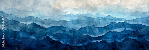 Blue Watercolor Layers Resembling Waves of Tranquil Ocean