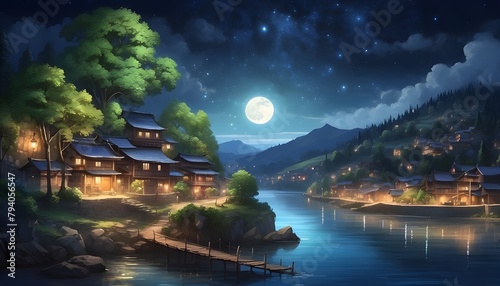 A lovely nighttime view of shimmering trees  water  and a village