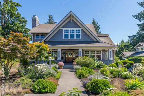 A sophisticated dove grey craftsman cottage style home, front view, featuring a distinctive triple pitched roof, manicured landscaping, and a path that leads to the essence of curb appeal.