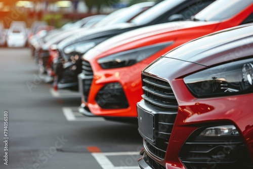 Shot of the front of a row of new cars standing in a parking lot, car rental or sale concept