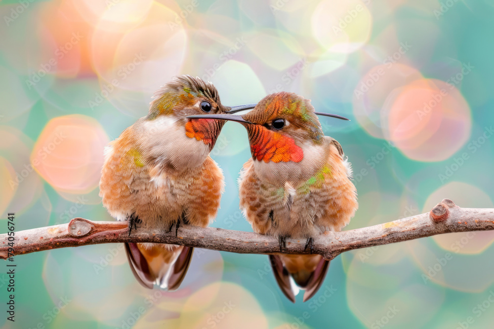 Fototapeta premium Two hummingbirds share a quiet moment perched on a branch.