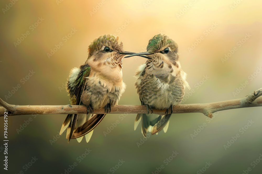 Fototapeta premium Two hummingbirds share a quiet moment perched on a branch.